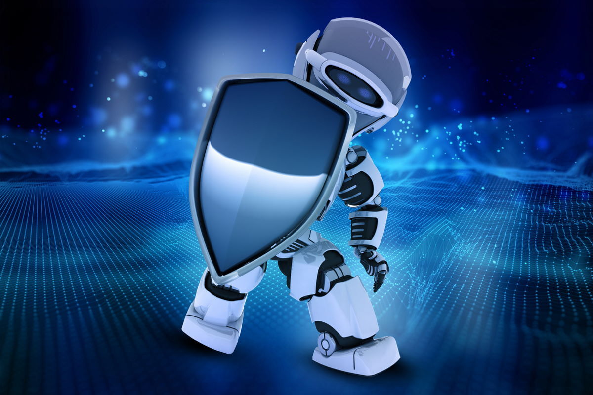 3D render of a robot holding shield depicting digital security