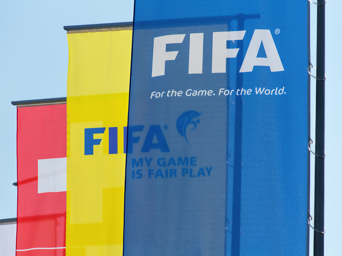 Flags at the entrance of the FIFA headquarter in Zurich