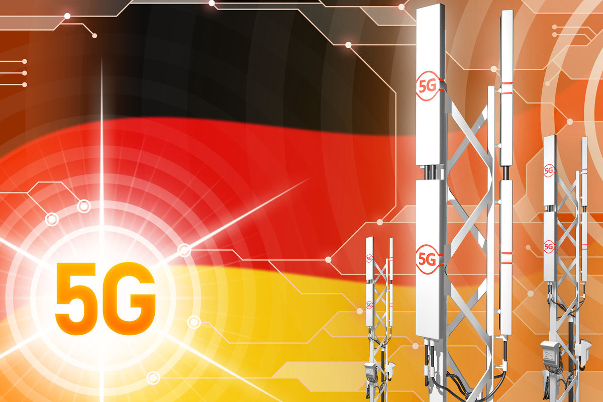 Germany 5G industrial illustration, huge cellular network mast or tower on digital background with the flag - 3D Illustration