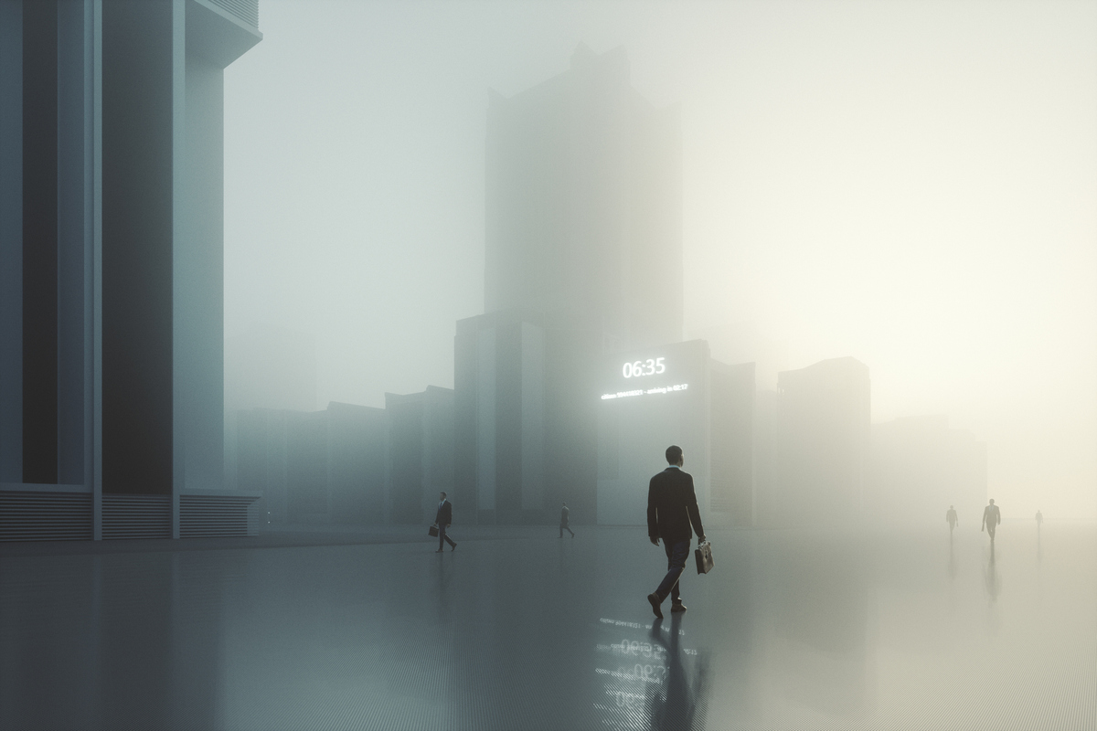 Futuristic dystopian city with walking businessmen