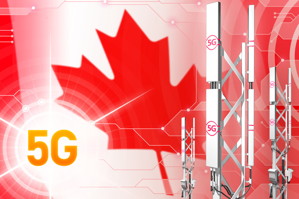 Canada 5G industrial illustration, large cellular network mast or tower on modern background with the flag - 3D Illustration Canada 5G industrial illustration, large cellular network mast or tower on modern background with the flag - 3D Illustration