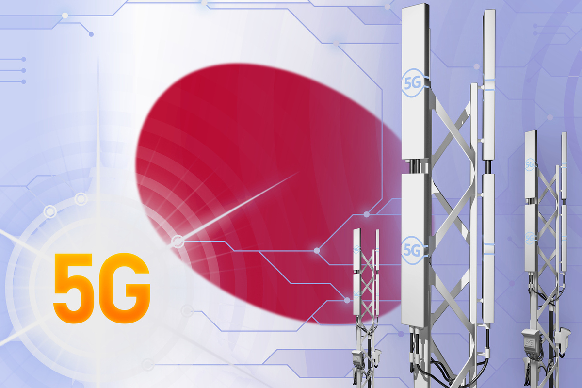 Japan 5G industrial illustration, huge cellular network mast or tower on modern background with the flag - 3D Illustration