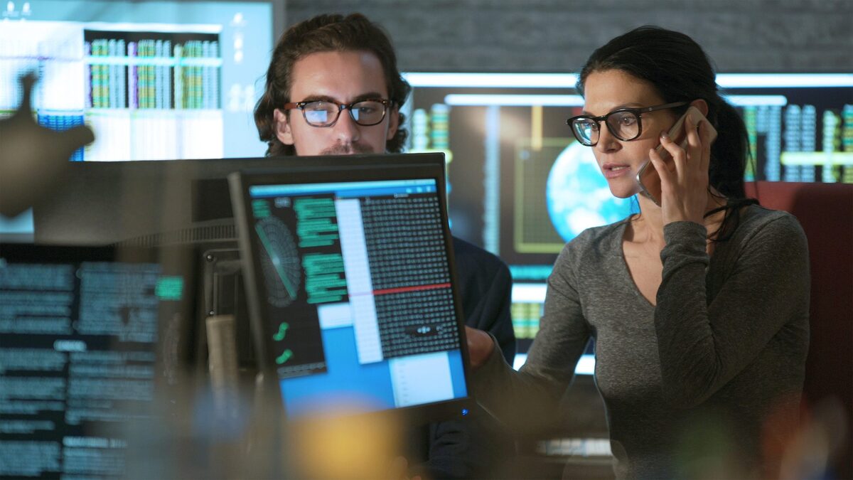 Technology displays man and woman Technology displays man and woman