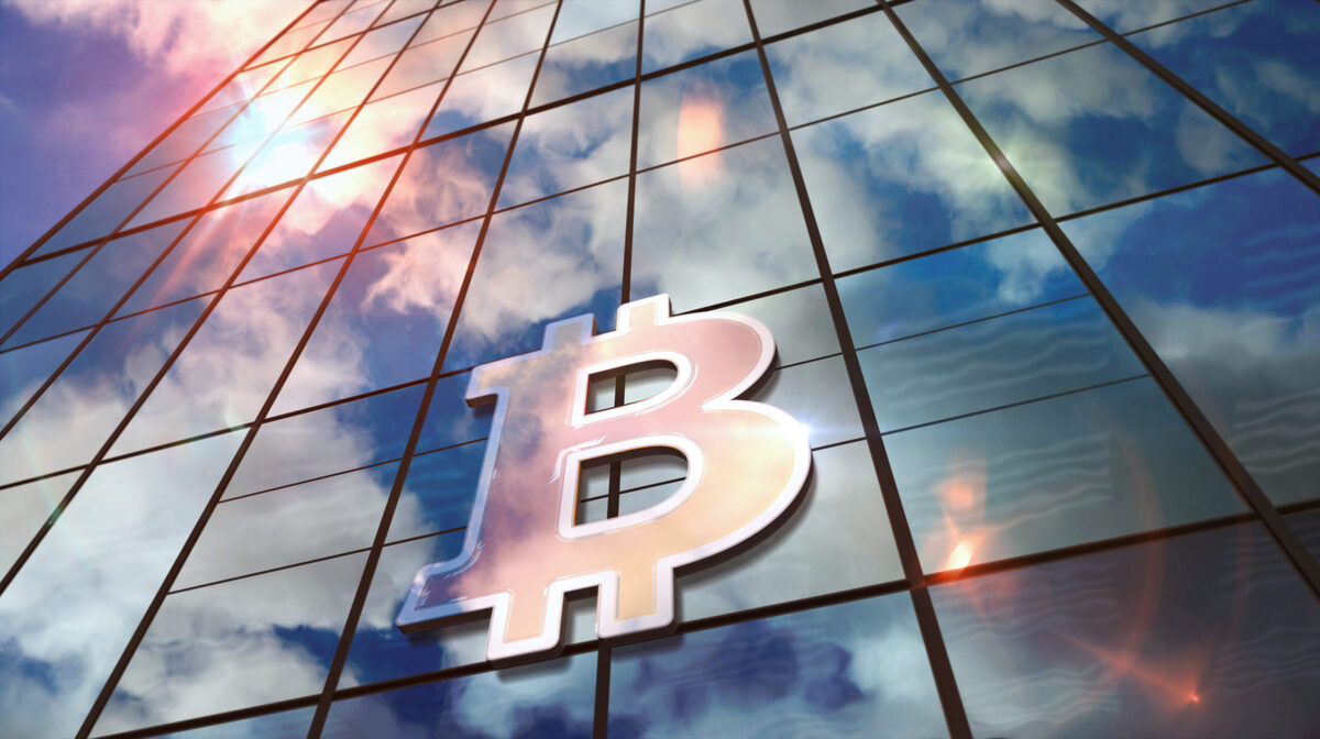 Bitcoin Blockchain technology glass skyscraper with mirrored sky illustration|Bitcoin