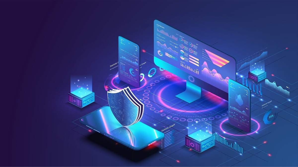 Application of pc and smartphone with business graph and analytics data. Isometric vector illustration of digital protection mechanism, system privacy. Data secure. Digital money market, investment